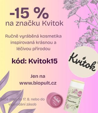 Slevový kód na kosmetiku značky Kvitok ve výši 15 % uplatníte v košíku. ✅️ POZOR akce platí jen do neděle....